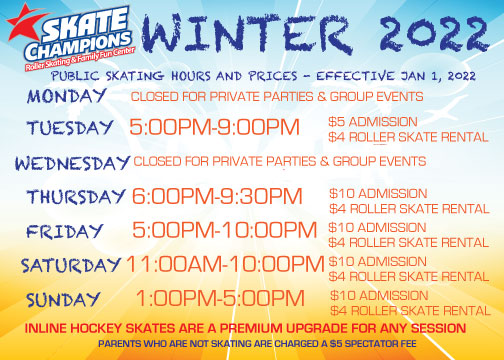 2022 Winter Public Skating Hours and Prices
