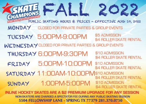 Public Skating Hours and Prices – FALL 2022